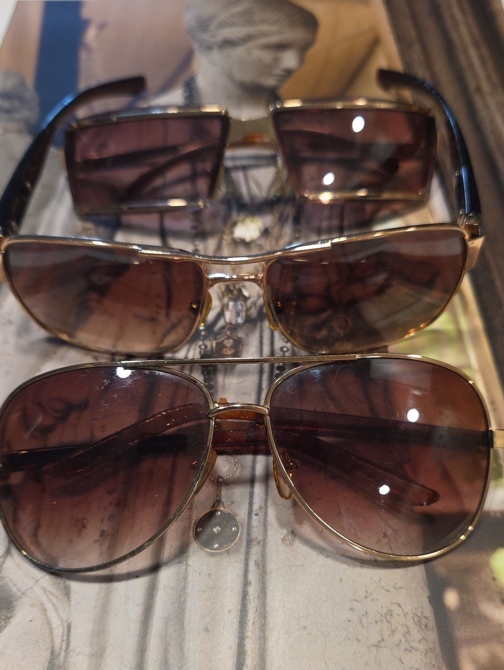 Three Brown Aviator Sunglasses W/Gold Frames